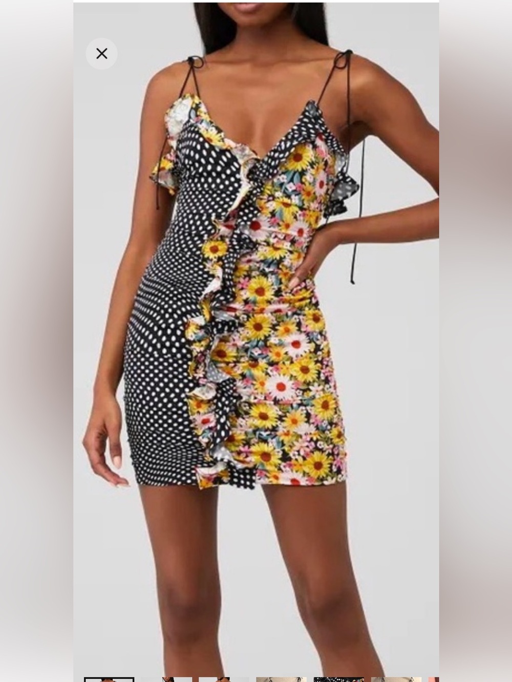 For Love & Lemons Black Polka Dot and Yellow Floral Ruffle Mini Dress